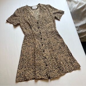 HVN tan gold silk‎ yellow animal zebra tiger short sleeve button up mini dress